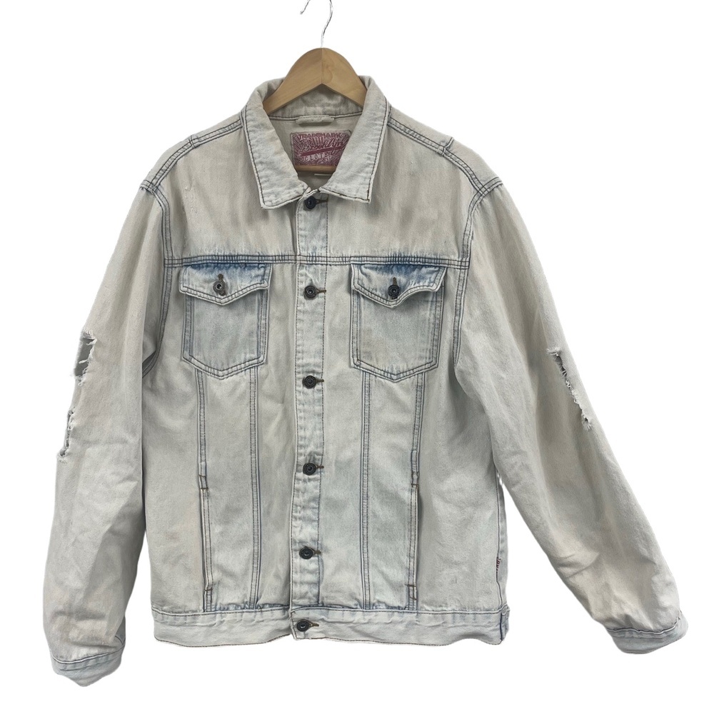 Brooklyn Cloth Denim Jacket Distressed Light Wash Button Front XL trucker‎